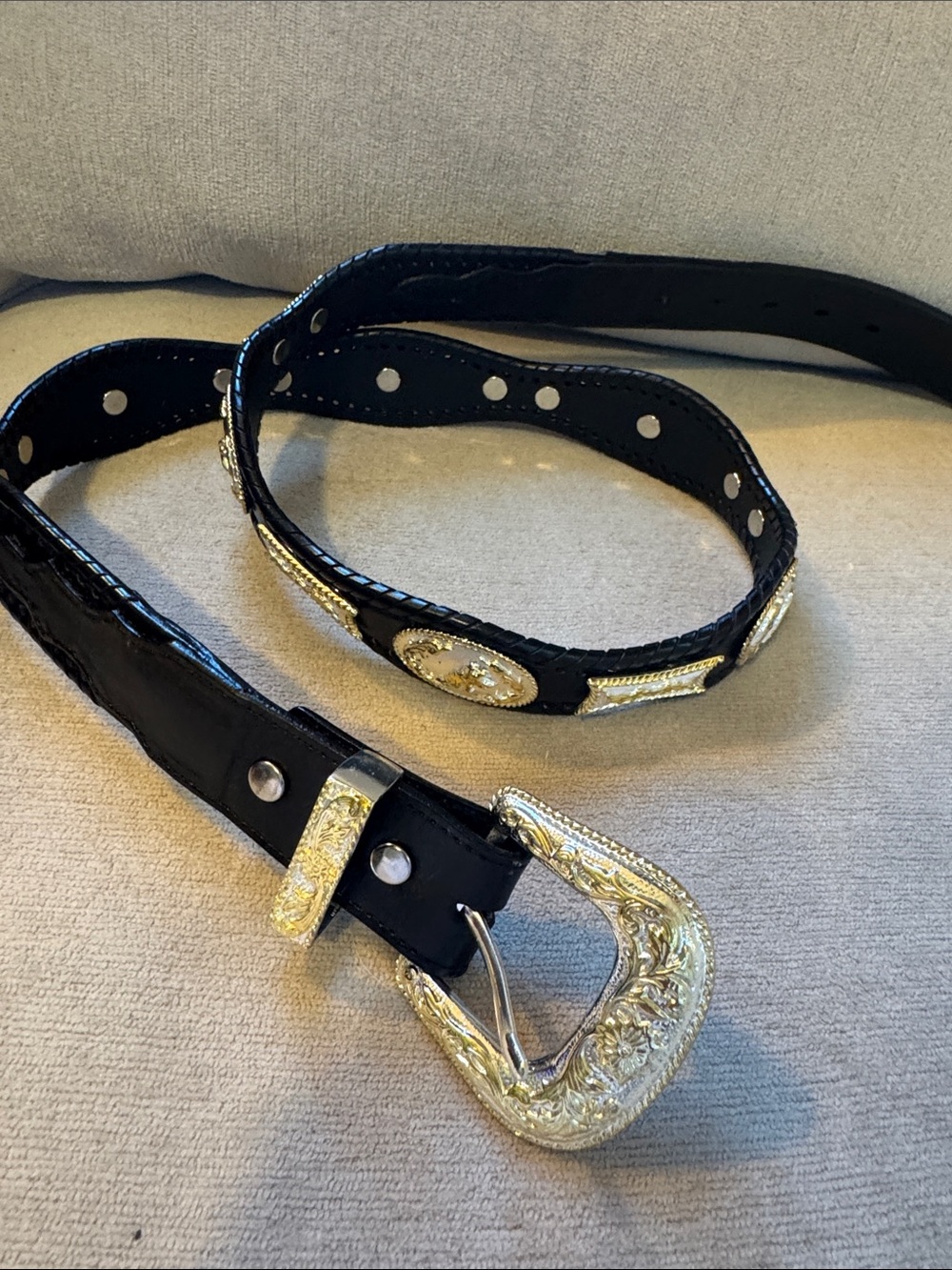 Vintage Justin Concho Belt Black Leather Western Silver Buckle Unisex